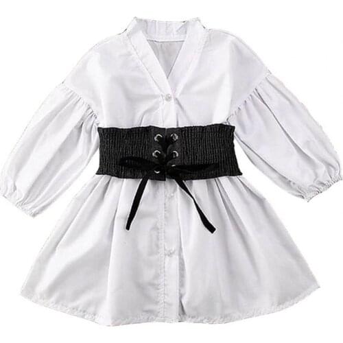 Kids Dress V Neck High Waist White Girls Lantern Sleeve Dresses Button Placket Band Set Comfortable Summer Vacation Clothing