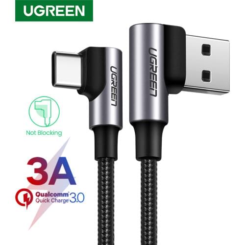 Ugreen Nylon USB C Cable 90 Degree Fast Charger USB Type C Cable for Xiaomi Mi 8 Samsung Galaxy S9 Plus Mobile Phone USB-C Cord