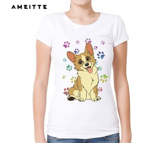 Fashion Cute Corgi T-Shirt Womens Customied Animal Printed T Shirt Summer Casual White Short Sleeve Camiseta Mujer Tops Tee