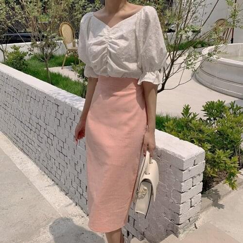 New Girls Summer Blouse Women Suit Shirt Short Sleeves Tops High Waist Long Solid A Line Skirts Two Piece Suits Sell Separately