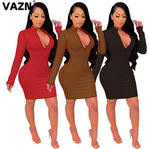 VAZN 2021 New Arrival Little Chap Sexy Dress Overalls Sweet Free Simple Full Sleeve Women High Waist Mini Dress Vestido