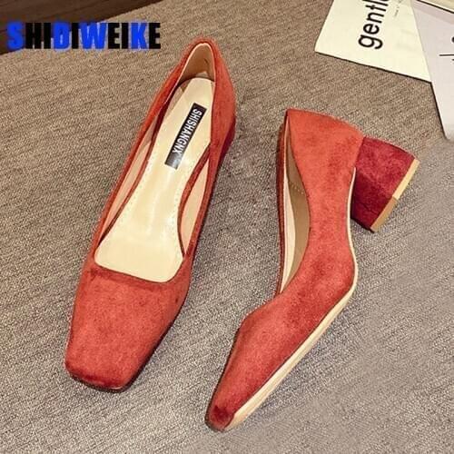 Square High Heels Shoes Woman 2021 Spring Flock Faux Suede Square Toe Black Heels Womens Shoes Office Ladies Female Pumps Shoes