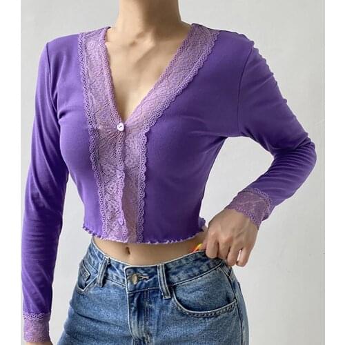 Sexy Women Wrap Top Lace Crop Top Sexy Blouse Girls Blouse Floral Lace Trim Buttons Long Sleeve V Neck Cropped Blouse T-shirt