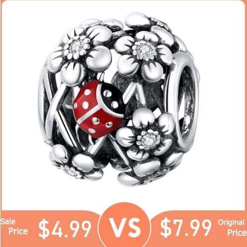 BISAER Garden Elves Charms 925 Sterling Silver Ladybug Beads Pendant for Original Bracelets Necklaces Jewelry ECC1641