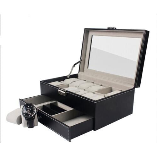 Portable 2 Layer PU Leather Watch Storage Box Case Jewelry Display Container