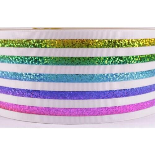 3"75mm rainbow hologram foil stripe Printed Grosgrain Ribbon laser for DIY accessaries 10 yard 50 yard