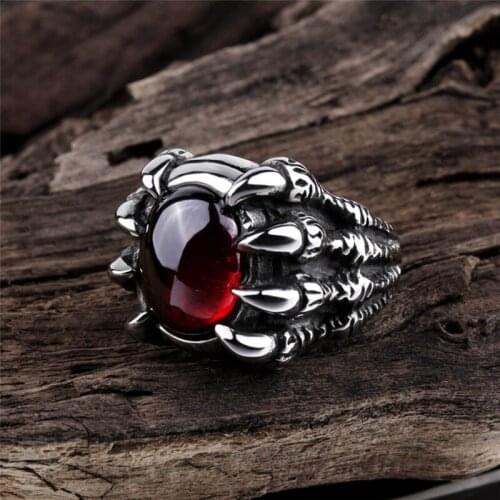 Retro! Punk Goth Big Dragon Claw Black Red Stone Mens Ring Gothic Punk Men Big Stone Ring Red CZ Crystal Cool Boy Party Gift