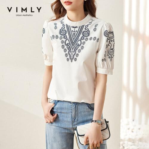 VIMLY Chinese Style Womens Blouse Shirts New Elegant Stand Collar Embroidered Blouses Puff Sleeve Woman Shirt Loose Tops F7179