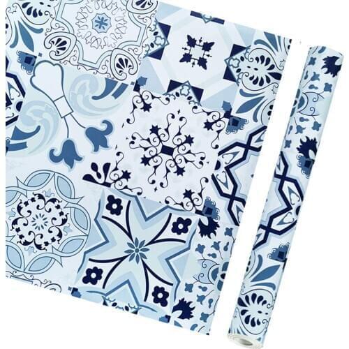 GLOW4U Self Adhesive Vinyl Blue Tile Wallpaper Contact Paper for Kitchen Bathroom Table Counter Walls Backsplash Decal