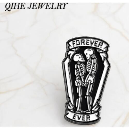 QIHE JEWELRY Punk pins Black coffin with skeleton couple inside forever and ever Gothic pin Gift for boyfriend girlfriend