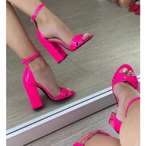 Moraima Snc Rose Pink Patent leather High Heel Shoes Summer Peep Toe Chunky Heels Sexy Sandal Ankle Strap Gladiator Shoe