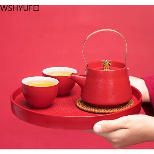 WSHYUFEI Red Teapot Ceramics tea set China wedding Tea Sets Tea Cups Pot Porcelain Wedding banquet Beautiful Kettle Gifts