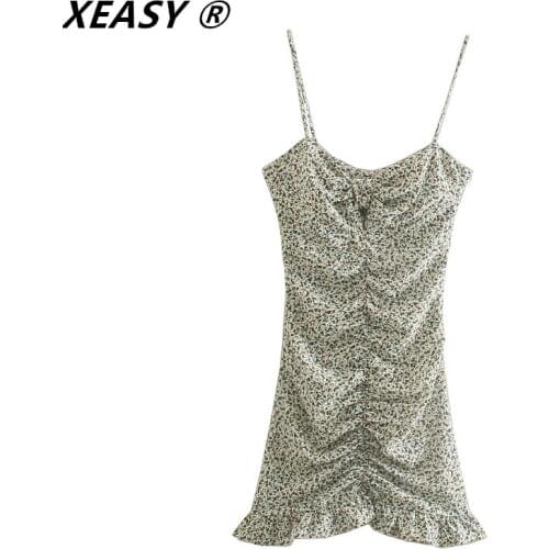 XEASY Woman Za 2021 Floral Print Slip Mini Dress Women Ruffle Backless Short Dresses Elastic Ruched Sexy Slim Dresses