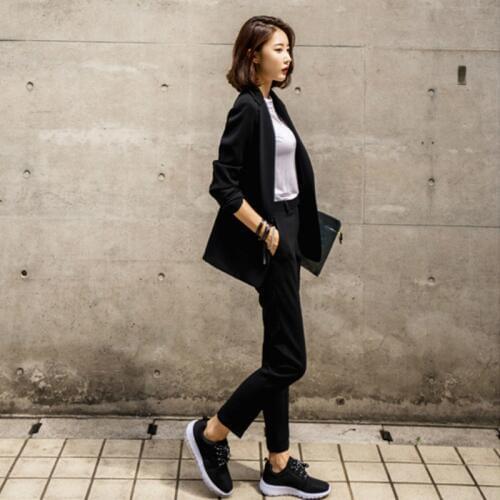 Set female 2019 autumn new temperament casual solid color wild small suit long coat + casual pants elegant fashion two-piece