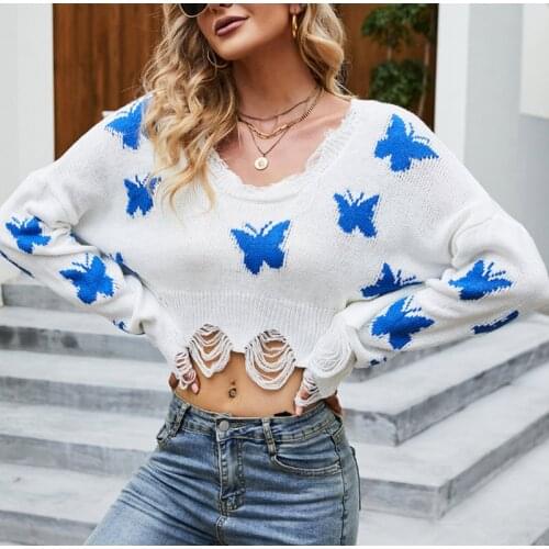 Womens Autumn Long Sleeve Butterfly Fringed Pullover 2021 Sweater Sexy V-neck Tassel Knitted Sweet Short Ladies Sweaters Female