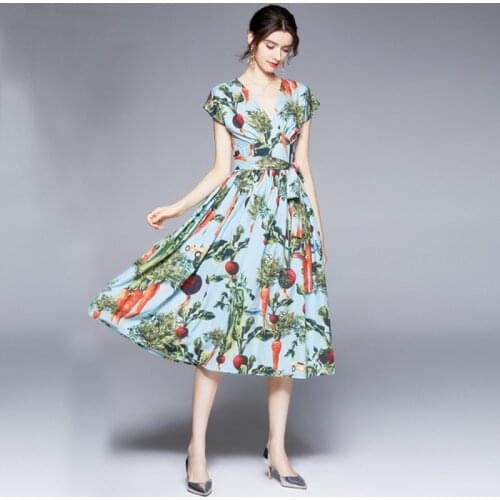 2021 Summer Runway Holiday Women V Neck Short Sleeve Bohemia Floral Print Elegant Lace Up Sashes Slim Draped Midi Dress Vestidos