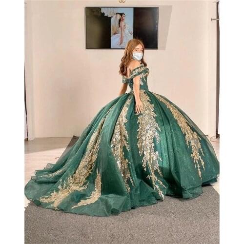 Hunter Green Sequins Quinceanera Dresses With Gold Lace Off Shoulder Beading Sweet 16 Party Dress Vestidos De 15 Anos Birthday