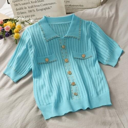 2020 Women Knitted Short Sleeve T-shirts Tops Girls Buttons Casual Hollow Out Tee Shirts Knitwear Pullover Female Summer