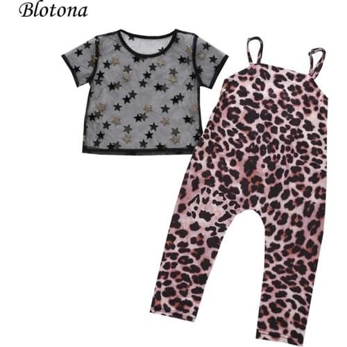 Blotona 2Pcs Infant Summer Outfits, Baby Girls See-through Mesh Star Print Short Sleeve Round Neck T-shirt+Leopard Overalls 1-6Y