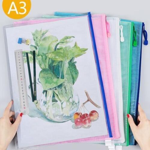 Colorful A3 Document Bag Waterproof Mesh Zipper Bag Large A3 Paper Organizer Transparent PVC Bag