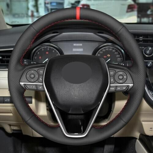 Car Steering Wheel Cover Soft Black Genuine Leather Suede For Toyota Camry 2018-2019 Avalon 2019 Corolla 2019-2020 RAV4 2019