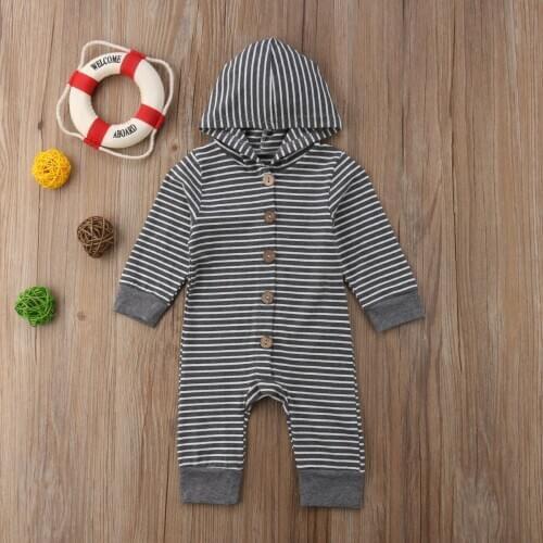 2020 New Style Autumn Winter Causal Toddler Baby Girls Boys Romper Long Sleeve Hooded Single Breasted Striped Jumpsuits Playsuit