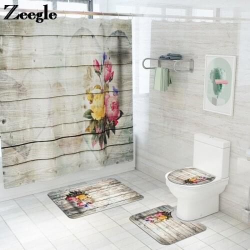 Home Decor Bath Mat and Waterproof Shower Curtain Set Flannel Toilet Carpet Anti-Slip Foot Mat Absorbent Bathroom Carpet Rug Set