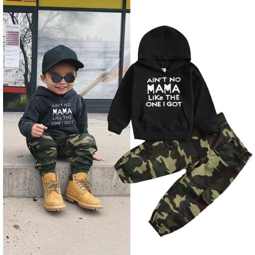 FOCUSNORM 1-6Y Infant Kids Boys Clothes Sets Letter Print Long Sleeve Hooded Tops Camouflage Pants 2pcs