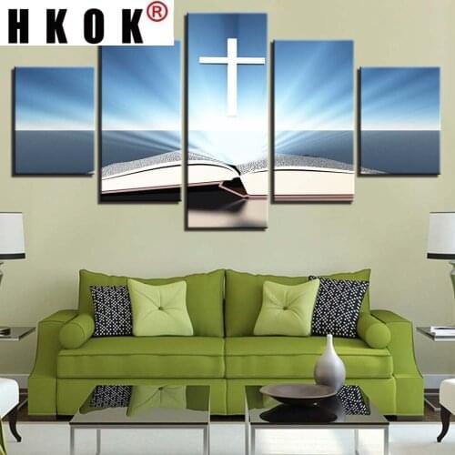 HKOK 5 Panels Books Cross Artwork HD Printed Modern Pictures Canvas Painting Wall Art Poster Modular Living Room Home Decor