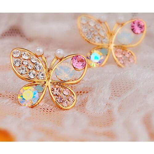 Korean Luxury Crystal Pearl Butterfly Stud Earrings For Women Hollow Shiny Colorful Ear Nails Fashion Jewelry Flower Brincos