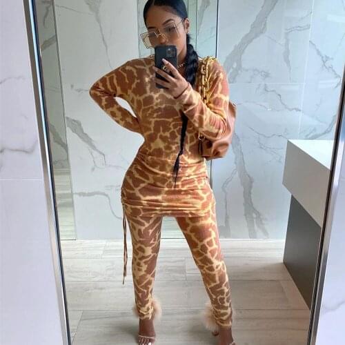 Fall Winter Leopard Two Piece Set Women Warm Long Sleeve Sweatshirt and Pants Suit Side Drawstring Lounge Wear Matching Sets