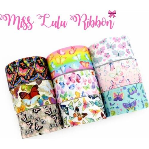 16mm-75mm Colorful Butterfly Series Printed Grosgrain/Foe Ribbon Rainbow Stripes DIY Hair Bowknots Gift Pack Decor 50yards/roll