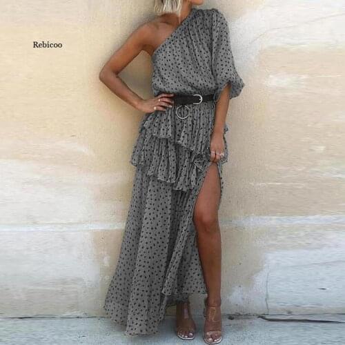 Summer Fashion Sexy Irregular Ruffle Design Party Dress Women Elegant Off Shoulder Dot Print Casual Chiffon Dress