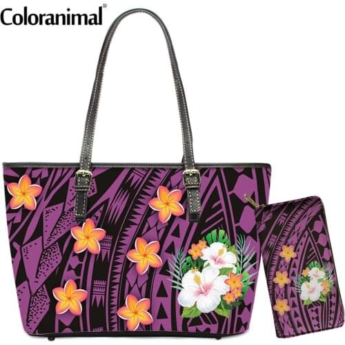 Coloranimal 2021 Fashion Large Capacity PU Handbag for Women Ethnic Design Polynesian Plumeria Hibiscus Print Shoulder Bolsa