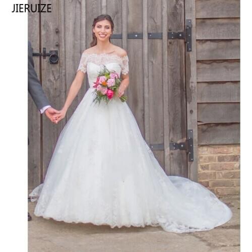 JIERUIZE New Arrival Wedding Dresses Boat Neck Short Sleeves Lace Appliques Crystal Sash Bridal Wedding Gowns vestido de noiva