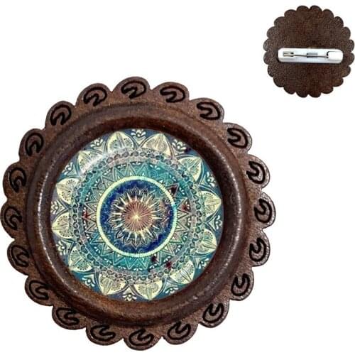 Charm Mandala Wood Brooch Art Picture Henna Yoga Om Symbol Zen Buddhism Glass Cabochon Jewellery For Women Girls Collar Pins