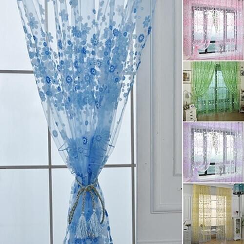Pastoral Floral Voile Sheer Tulle Window Interior Curtain Valance Door Room Divider Drape Decoration Curtains