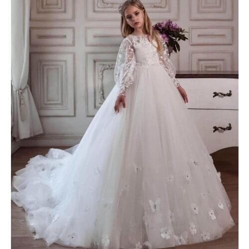 Beaded Long Sleeve Flower Girl Dresses Princess Jewel Neck Girls Birthday Party Dress Christmas Butterfly First Communion Gown