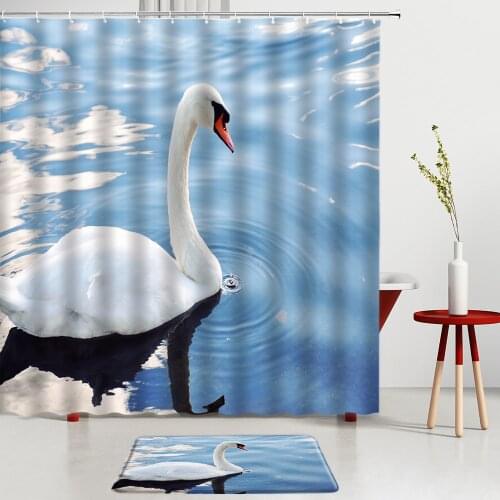 Swan Printing Shower Curtains Set Landscape Bath Mats Room Decoration Entrance Door Mat Bathroom Screen Rugs Non-Slip Carpet