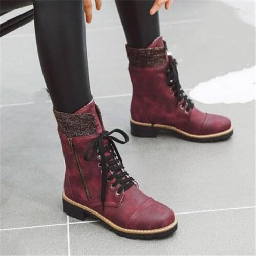 PXELENA New Zipper Lace Up Winter Shoes Women Military Combat Boots Low Heels Knight Motorcycle Punk Goth Boots Plus Size