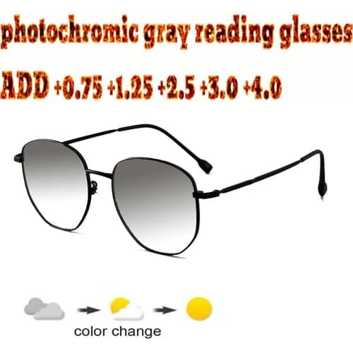 Photochromic Gray Reading Glasses Metal Frame Fashion Trend High Quality Fashion Men Women+1.0 +1.5 +1.75 +2.0 +2.5 +3 +3.5 +4