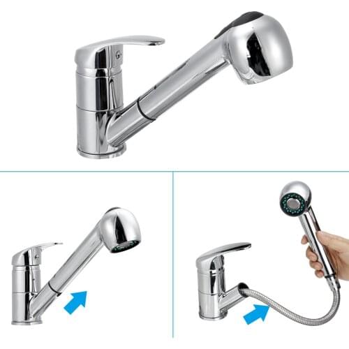 Kitchen Faucet Solid Brass Single Hole Pull Out Spout Kitchen Sink Mixer Tap Stream Sprayer Head Silver Hot Cold Tap Mixer