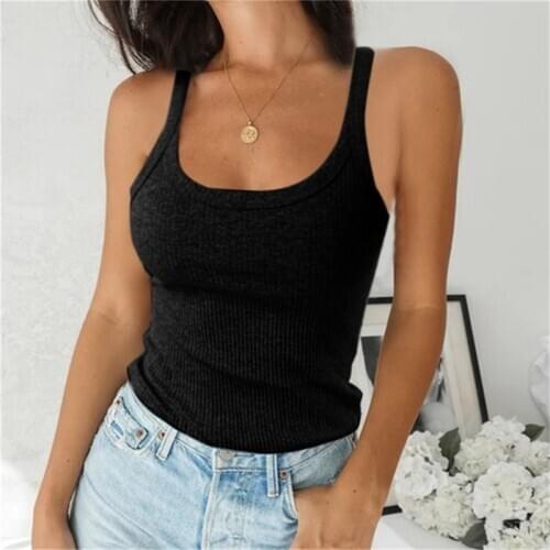 Top Women Off Shoulder Ribbed Black Sexy Tank Top O Neck Knit Tank Top Sleeveless Solid 2020 Summer Tops For Women