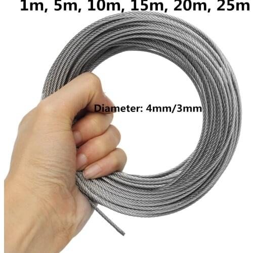 New 25M 304 Stainless Steel Wire Rope Soft Fishing Lifting Cable 7*7 Clothesline 3mm 4mm Diameter
