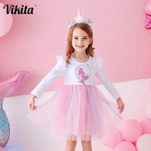 VIKITA Kids Girls Tutu Dress Children Clothes Long Sleeve Cartoon Mermaid Princess Dress Kids Birthday Party Dress for Girl