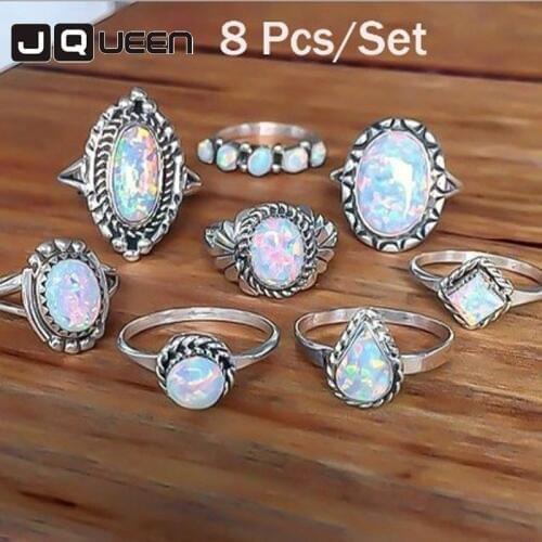Vintage Ring Sets for Women Bohemian Silver Color Opal Stone Statement Rings Jewelry 2018 New