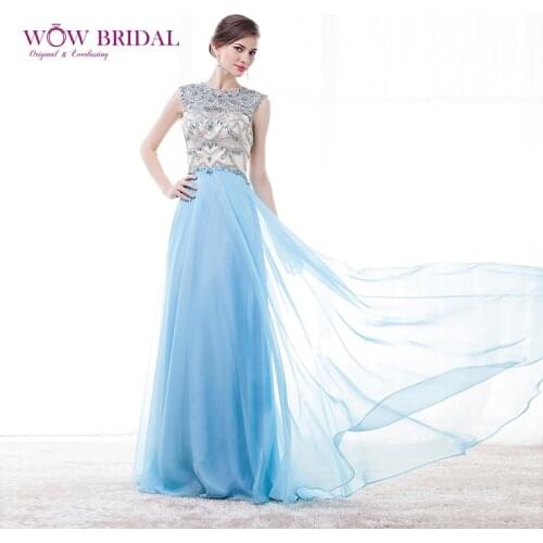 Wowbridal Graceful Long Prom Dress 2021 O-Neck Crystal Sheer Strapless Cross Beaded A-Line Sweep Train Ruched Formal Party Dress