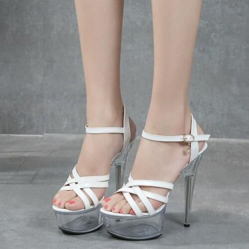 Womens Shoes Fashion Platform Sandals Crystal Peep-Toe Narrow Band Buckle High Heel Nightclub Model 15cm Ladies Shoes Summer