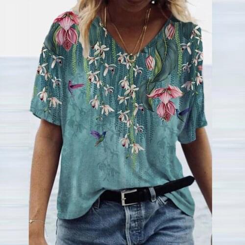 Women Fashion Casual Plus Size Bloise Vintage Scenic Flowers Printing Loose Daily Work T-Shirt 2021 Summer Sexy V Neck Crop Tops