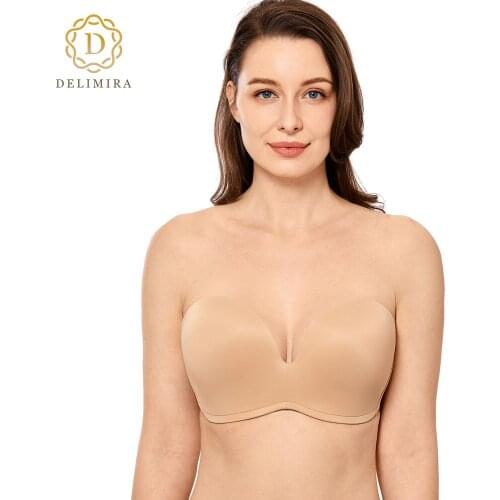 Delimira Womens Slightly Lined Lift Support Invisible Seamless Plunge Strapless Bra Plus Size